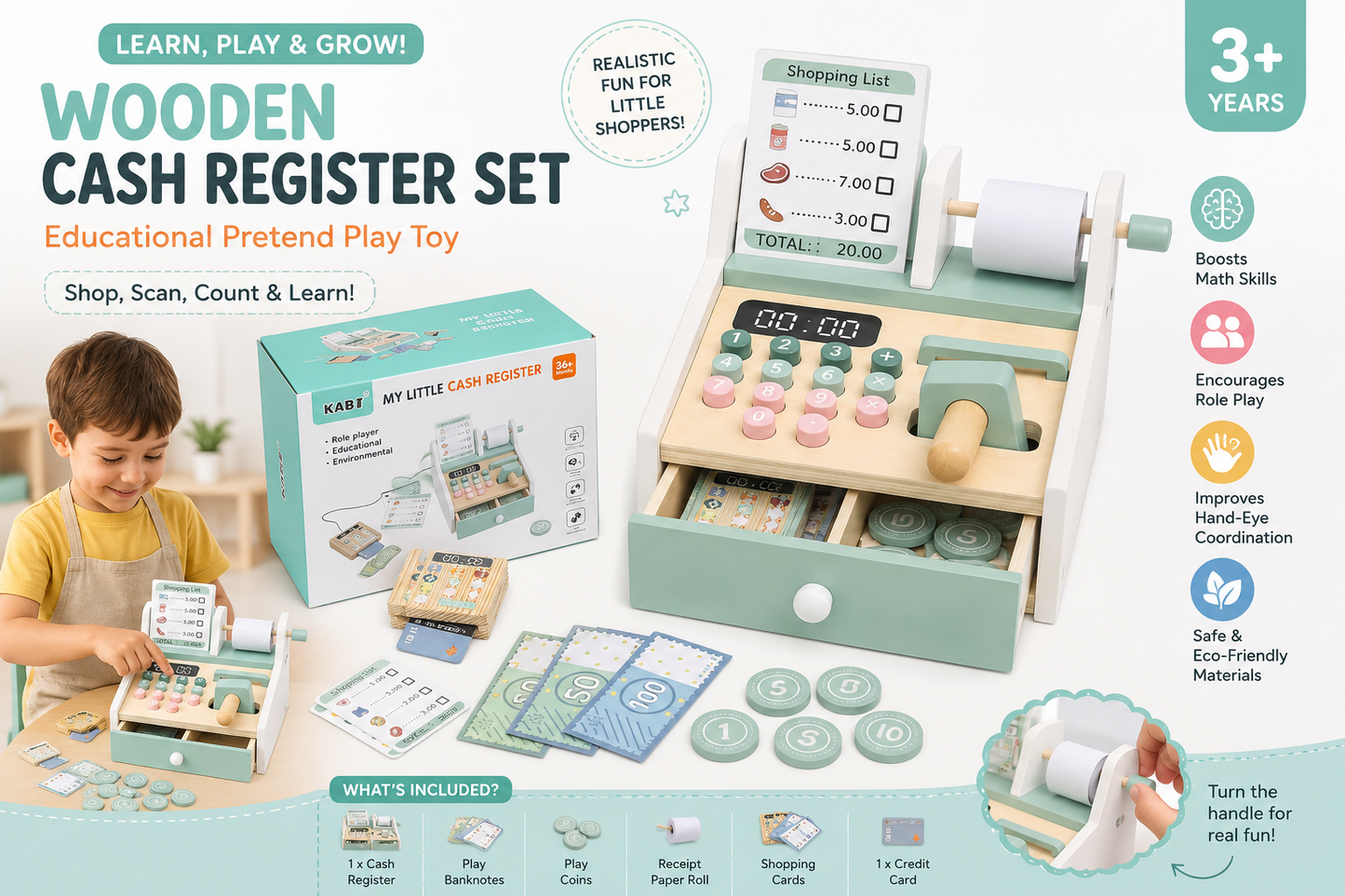 Wooden Cash Register Set Pretend Play Set [6503-3]