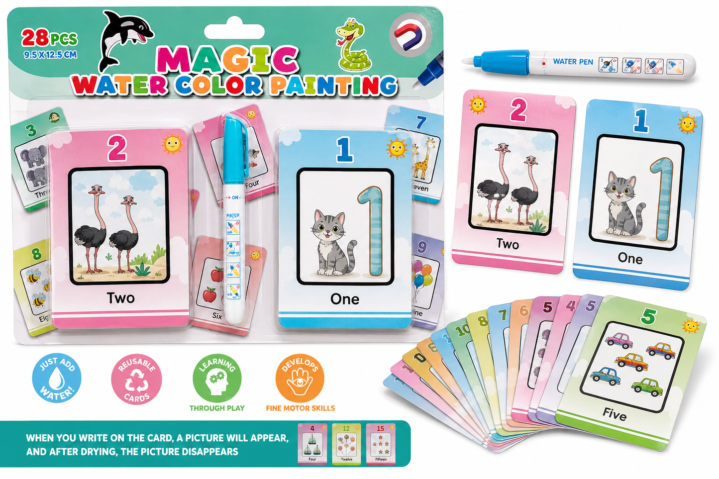Magic Water Reveal Numbers & Counting Cards – Reusable Educational Learning Set (28 Pieces) [6508-7]