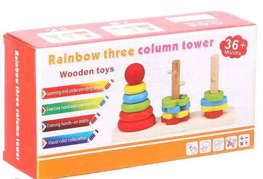 🌈 Rainbow Three-Column Wooden Stacking Tower (36+ Months) [51106-10]